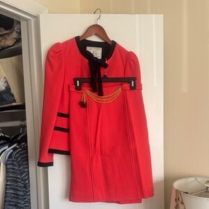 Milly of New York Vintage Red and Black Suit Bow Jacket and Gold Chain Pencil Sk